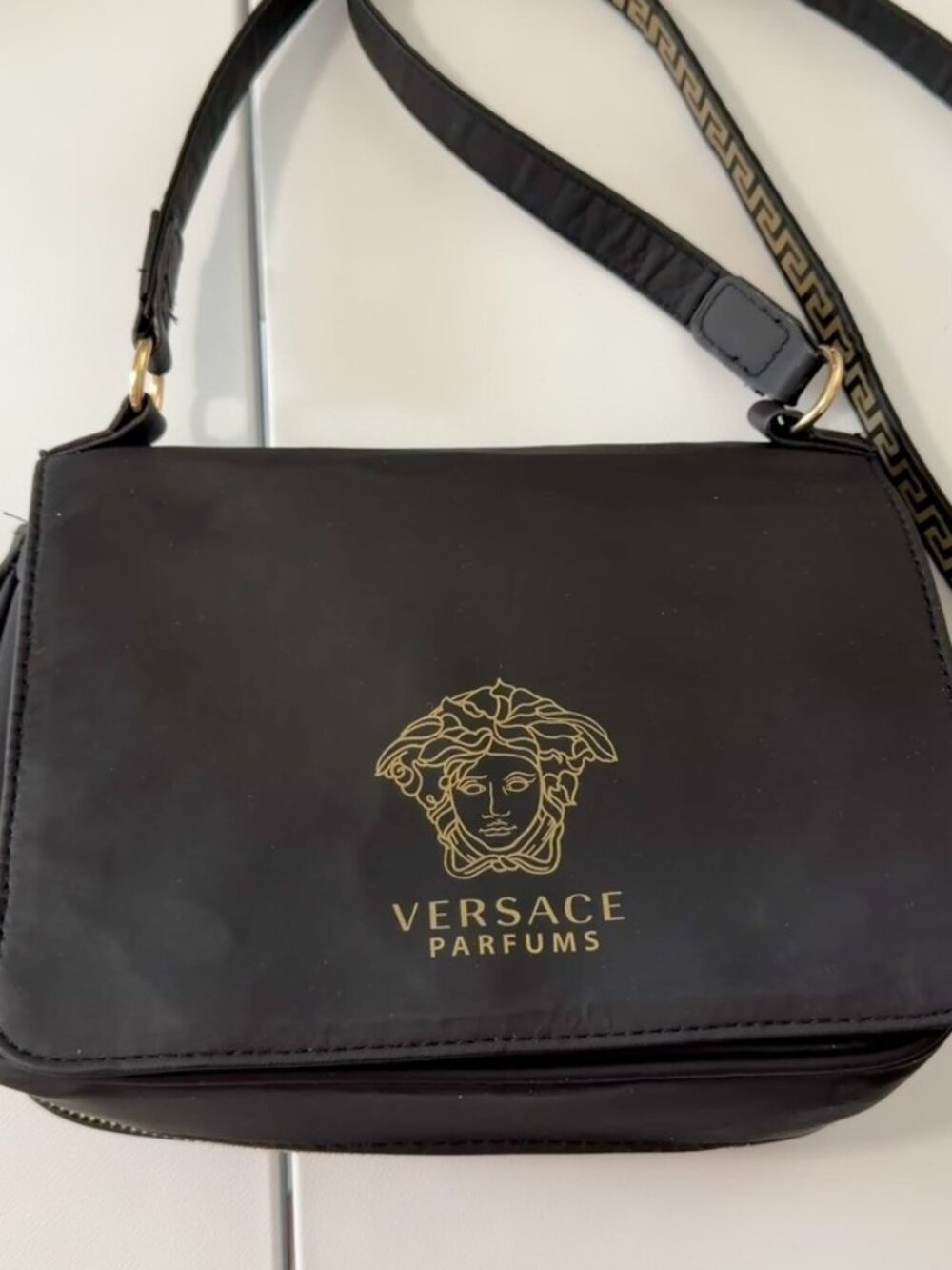 Versace Parfums Purse Shoulder Bag Crossbody Bag Black with Gold Hardware